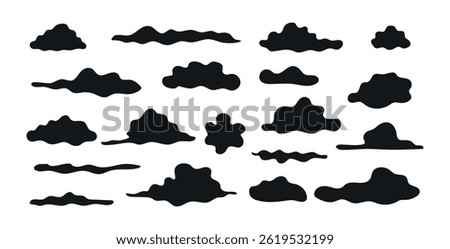 Set of Black Silhouette Cloud Shapes Isolated on White Background. Concept of Weather Icons, Abstract Sky Elements, Minimalist Design, Atmospheric Art, Graphic Illustration Collection. ClipArt.