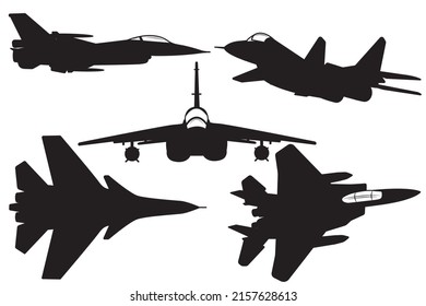 Set of black silhouette of a combat army fighter on a white background. Vector illustration.