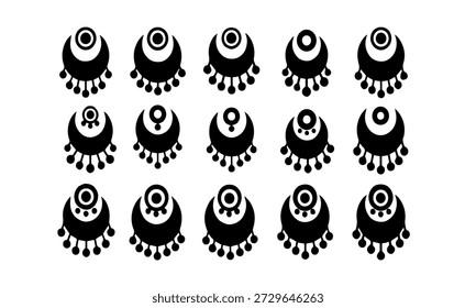 Conjunto de ícones de brincos de silhueta preta, vetores de joias ornamentadas para estilos étnicos e boêmios
