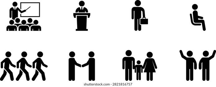 Set of black silhouette depicting human activities, including presentations, meetings, walking, handshakes, family, and waving people