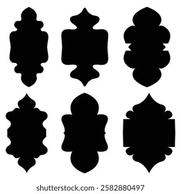 A set of black silhouette designs of Islamic architectural window or decorative elements.