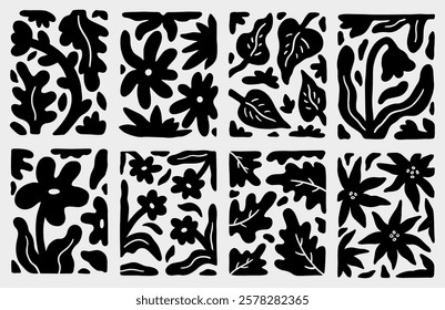 Set of black silhouette designs with an organic, abstract patterns on a light gray background. Curved and irregular shapes resembling leaves or plant-like forms. Vector hand-drawn illustration. 
