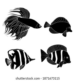 Set Of Black Silhouette Different Tropical Fish. Fish Rooster, Pennant Fish, Royal Angel. Marine Inhabitants. Vector Silhouette For Icon, Logo And Your Design