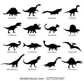 Set of black silhouette dinosaur. Brachiosaurus, t rex, stegosaurus and pteranodon. Extinct lizard of the Jurassic period. Prehistoric dino. Vector illustration