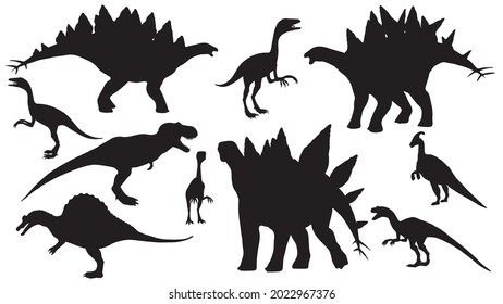 set of Black silhouette dinosaur isolated on white background