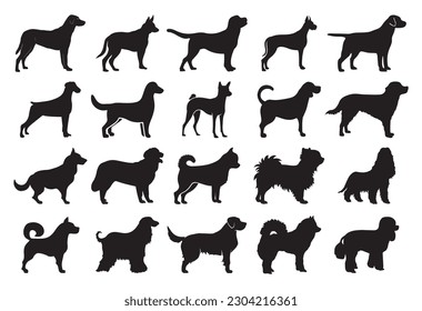 set of black silhouette of a dog breeds  isolated on white background , collection, vector eps	
