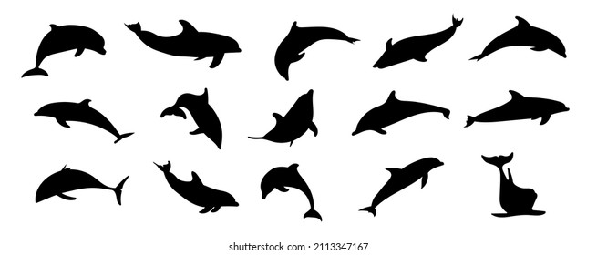 set of black silhouette of dolphin on a separate white background