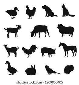 Set of  black silhouette domestic animals and farm animals. Vector collection of  stencil template domestic animals Cats, dogs, parrot, rabbit, hamster and other pets.