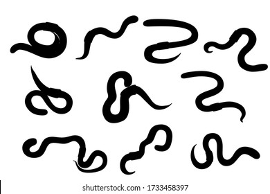 Set of black silhouette earthworm crawling cartoon worm design flat vector illustration isolated on white background