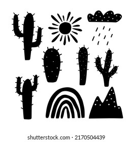Set of black silhouette ellements isolated on a white background. Collection of cactuses for your design. Hand drawn vector illustration including a rainbow, mountain, cloud and sun.
