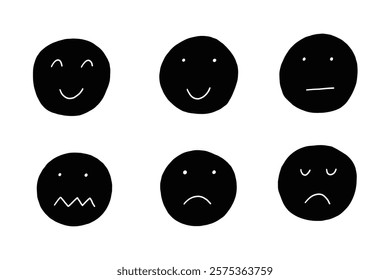 Set Black Silhouette Emoji Smile Face. Doodle Collection Smiley Emoticon Icon. Hand Drawn Vector Illustration