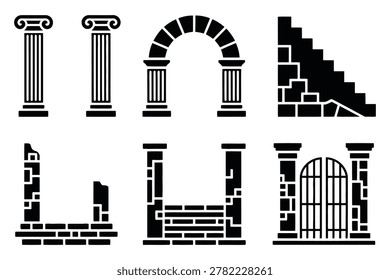 Set of black silhouette featuring ancient greek columns, stone arches, and ruined walls