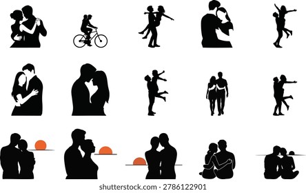 A set of black silhouette featuring romantic couples dancing, riding bicycles, lifting each other, and watching the sunset, isolated on a white background.