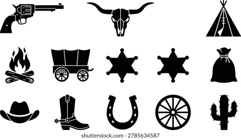 Set of black silhouette featuring wild west themes including a revolver bull skull teepee campfire covered wagon sheriff badges sack cowboy hat boot horseshoe wheel and cactus