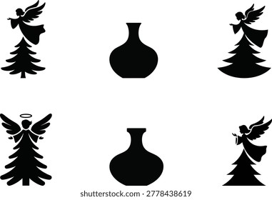 A set of black silhouette featuring winged angels standing next to pine trees and simple rounded vase shapes. The are flat, minimalist, and isolated on a white background.
