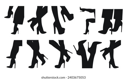 Set black silhouette of female legs in a pose. Shoes stilettos, high heels. Walking, standing, running, jumping, dance