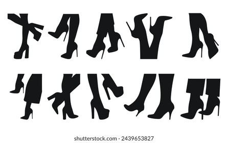 Set black silhouette of female legs in a pose. Shoes stilettos, high heels. Walking, standing, running, jumping, dance