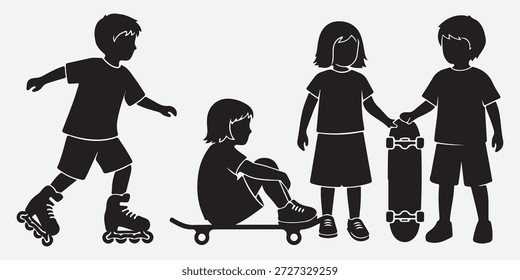 A set of black silhouette figures of ice hockey players in various dynamic poses, including skating, 