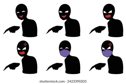 A set of black silhouette figures of villain images pointing fingers