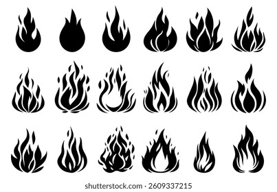 Set of Black Silhouette Fire Isolated on White Background Vector Illustration