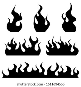 Set of black silhouette fire on a white background. Flat design. Vector illustration