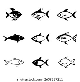 Set of Black Silhouette Fishes Isolated on White Background Vector Illustration
