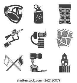 Set of black silhouette flat icons for paintball equipment and outfit on white background.