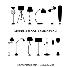 Set of black silhouette floor lamps light for home appliance indoor furniture. Vector flat collection of isolated interior design elements. Clipart for web, advertising, banners.