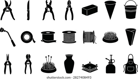 Set of black silhouette floristry tools, floral design equipment, and flower arranging icons, including bypass pruners