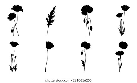A set of black silhouette flowers featuring different shapes and sizes, showcasing artistic floral designs for creative projects and decorative purposes.