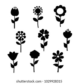 Set of black silhouette flowers. Flowers in flat style vector illustration isolated on white background.