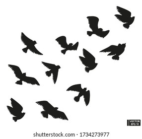 Set of black silhouette of flying birds.