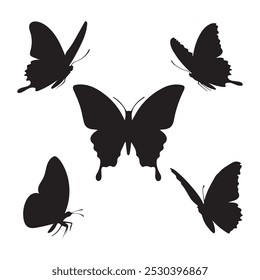 Set of Black Silhouette Flying Butterflies Isolated on White Background