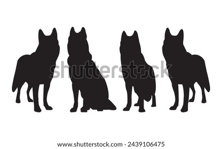 set of black silhouette German shepherd dog in various poses on white background, animal Silhouettes of a pet dog.
