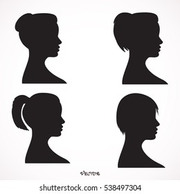 Set of black silhouette girl head with different hairstyle: tail, ponytail, bun. Young women face in profile with long hair, cartoon design. vector art image illustration, isolated on white background