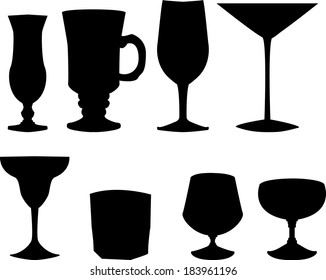 set of black silhouette of glasses for different drinks, vector