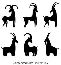 Set of black silhouette Goats icon isolated on white background. Vector illustration 