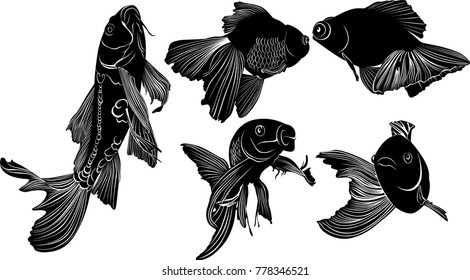 set black silhouette goldfish  isolated on white background