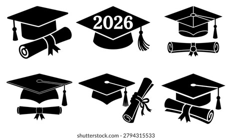A set of black silhouette graduation caps and diploma scrolls are displayed, with one cap featuring the year 2026. This graphic represents academic success and future learning.