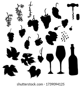 Set of black silhouette grapes and leaves.Objects isolated on white background.