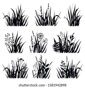 Set of  black silhouette grass with wild herbs on white background. Grass bushes of different shapes. Vector illustration.