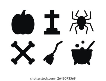 set of black silhouette halloween scary and cute flat icons. collection of halloween elements made made of geometric shapes.	