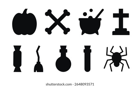 set of black silhouette halloween scary and cute flat icons. collection of halloween elements made made of geometric shapes.	