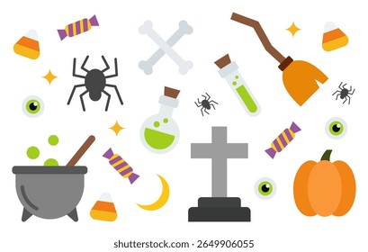 set of black silhouette halloween scary and cute flat icons. collection of halloween elements made made of geometric shapes.	