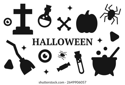 conjunto de silhueta preta halloween ícones planos assustadores e fofos. coleção de elementos de halloween feitos de formas geométricas.	