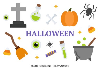 conjunto de silhueta preta halloween ícones planos assustadores e fofos. coleção de elementos de halloween feitos de formas geométricas.	