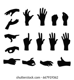 Set of black silhouette hands in different gestures emotions and signs on white background. Vector illustration