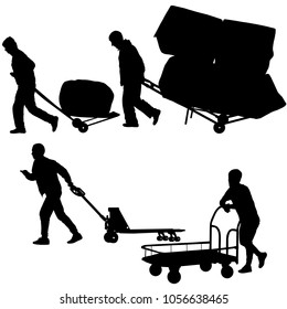 Set black silhouette hard worker pushing wheelbarrow and carry big box isolated on white background