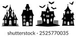 Set of black silhouette of haunted house isolated on transparent background