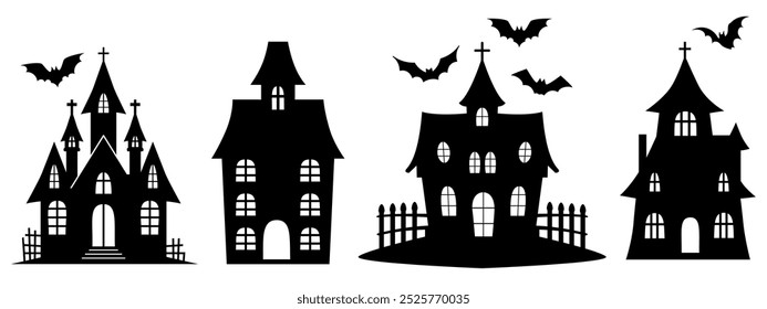 Set of black silhouette of haunted house isolated on transparent background